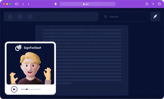 koyu mavi zemin üzerine pdf sayfasını temsil eden bir resim; görüntünün solunda işaret dili çevirmeni ekranını temsil eden bir ekran; Ekranın içinde, işaret dili tercümanını temsil eden kısa sarı saçlı, elleri baş hizasında yanlara kaldırılmış, işaret dili konuşuyor olarak sembolize edilmiş bir adam var.