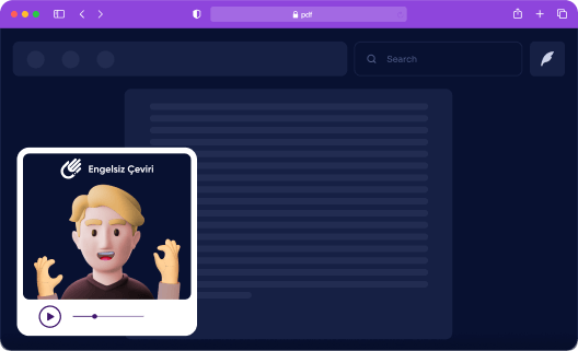 koyu mavi zemin üzerine pdf sayfasını temsil eden bir resim; görüntünün solunda işaret dili çevirmeni ekranını temsil eden bir ekran; Ekranın içinde, işaret dili tercümanını temsil eden kısa sarı saçlı, elleri baş hizasında yanlara kaldırılmış, işaret dili konuşuyor olarak sembolize edilmiş bir adam var.