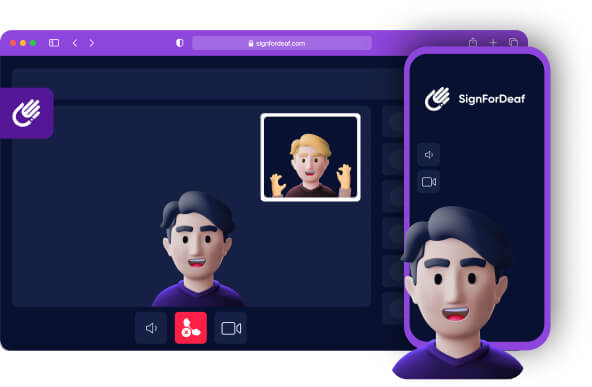 the sign for deaf logo in the upper left on a dark blue background; an image of a man with short black hair and a purple shirt at the bottom of the logo; image of a man with short blond hair and a brown shirt in the upper right of the image of a black-haired man; On the right side of the screen, there is an image symbolizing the phone and inside the phone is a man with short black hair and a navy blue sweater, and the sign for deaf logo is on the top of the man.